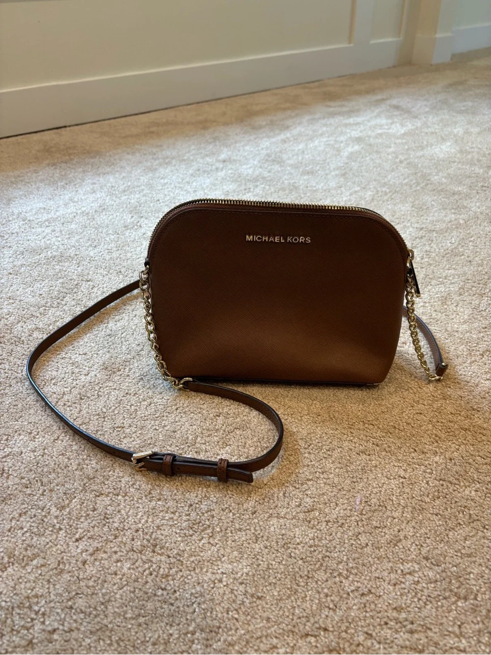 Michael Kors Brown Saffiano Crossbody with Gold Chain